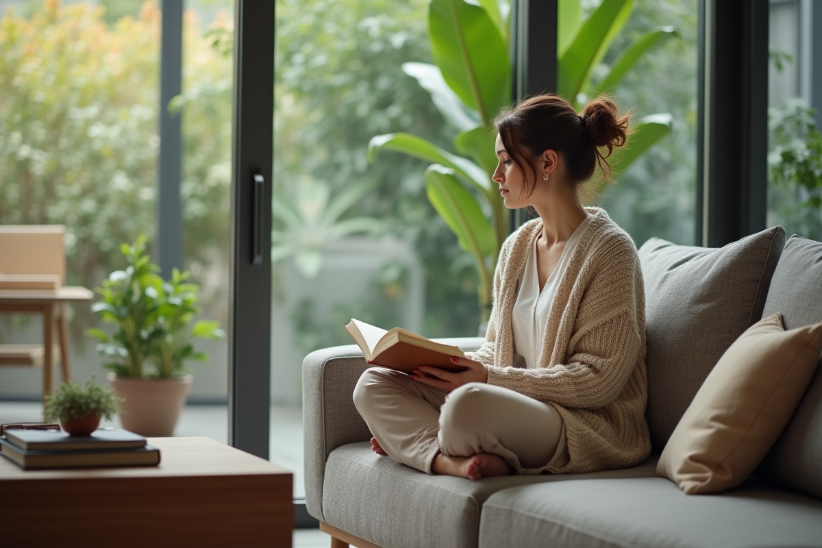 Jeune femme lisant un livre dans un salon calme et lumineux
