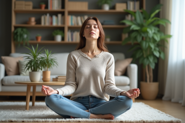 Femme méditant dans un salon moderne et paisible