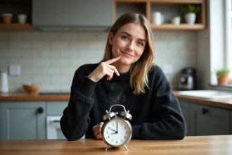 Jeune femme avec montre et tasse de café le matin