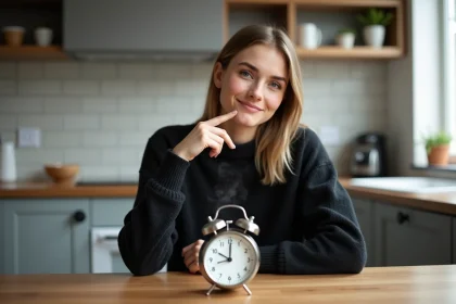 Jeune femme avec montre et tasse de café le matin