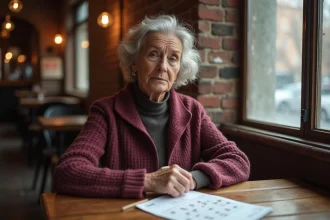 Femme résolvant une grille de mots croisés dans un café belge typique, cherchant une ville de Belgique en 3 lettres