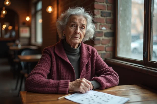 Femme résolvant une grille de mots croisés dans un café belge typique, cherchant une ville de Belgique en 3 lettres