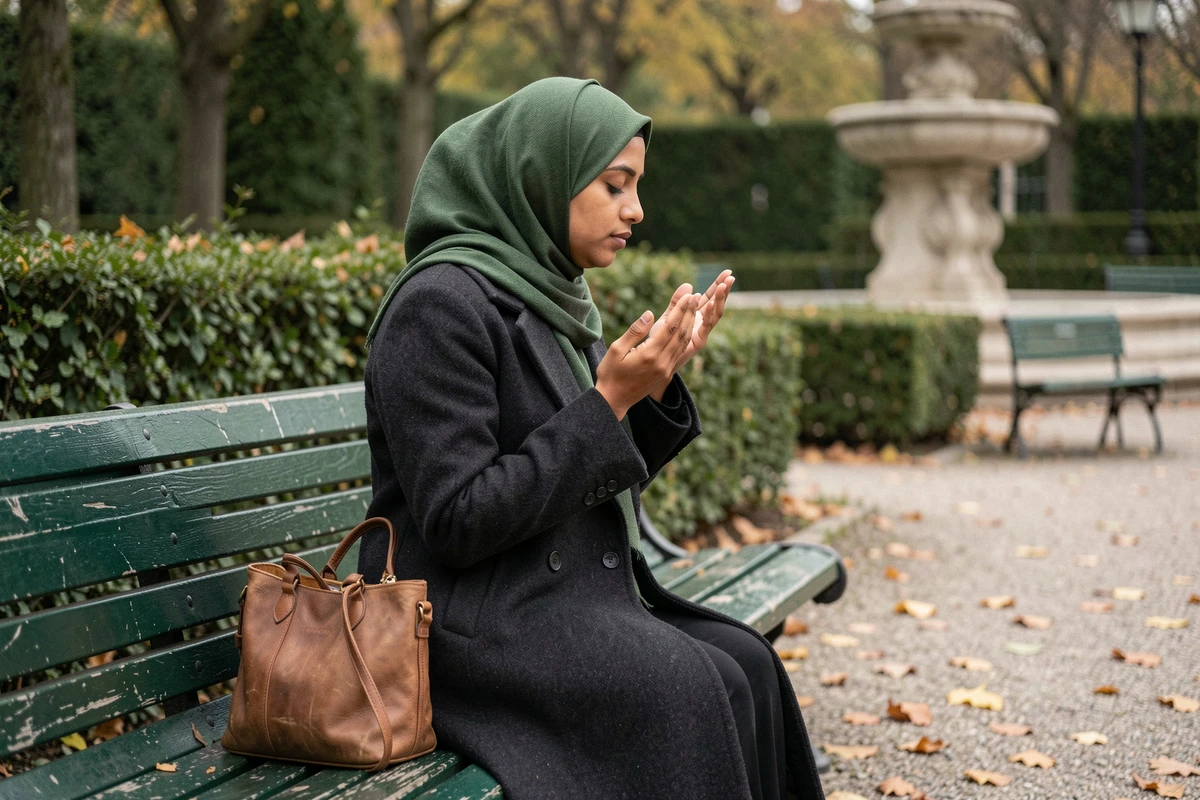 Femme musulmane faisant une dua dans un parc parisien après avoir manqué l'heure de la prière