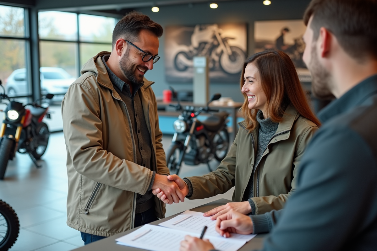 Femme discutant avec un vendeur autour d une moto en showroom