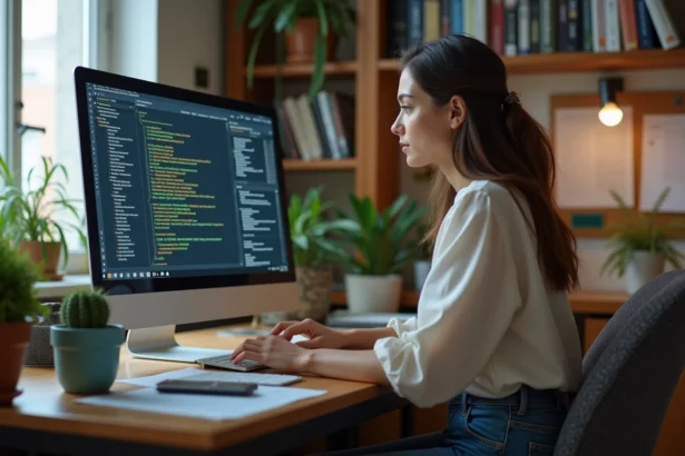 Jeune femme concentrée travaillant sur un ordinateur en sécurité informatique