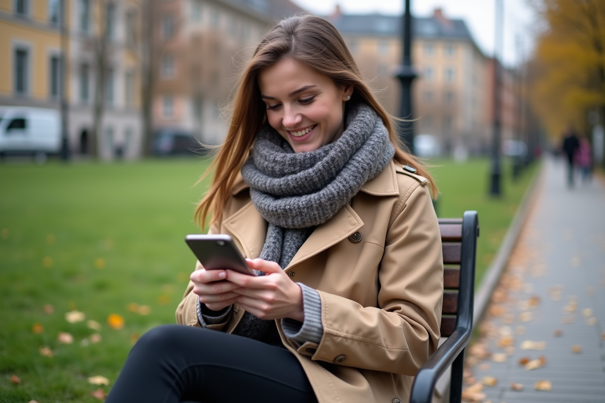 Jeune femme dans un parc lisant ses finances sur son smartphone
