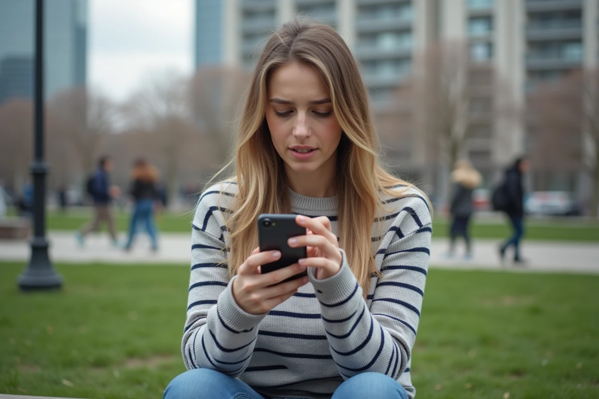 Jeune femme dans un parc urbain tenant son téléphone avec hésitation