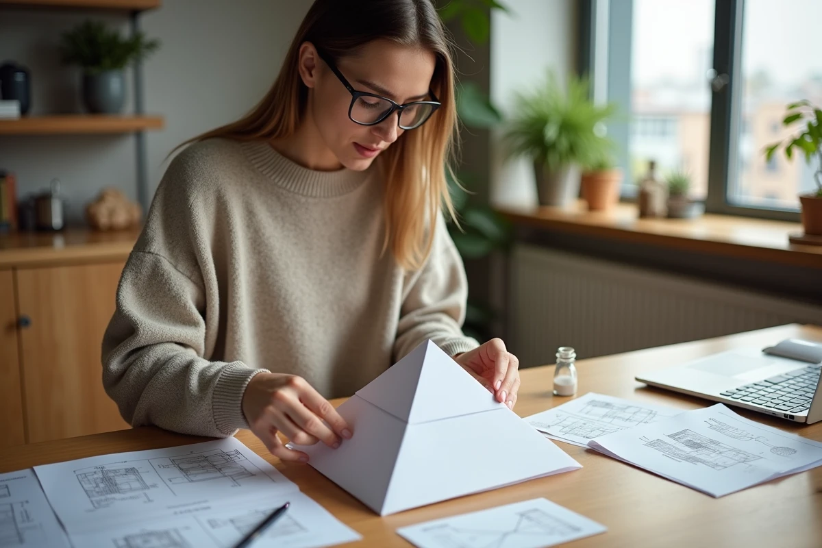 Femme pliant une pyramide en papier dans la cuisine