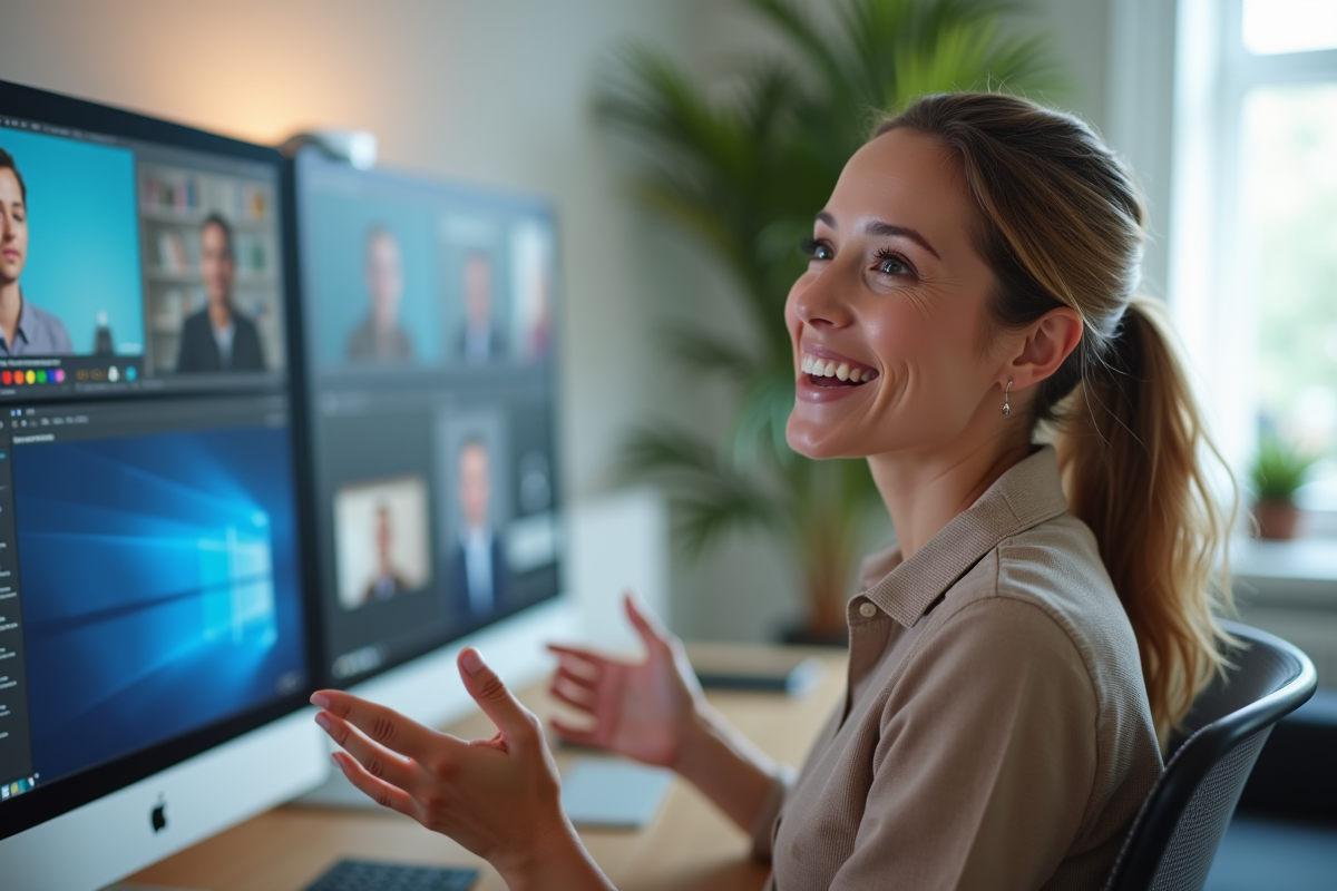 Femme confiante donnant une présentation en ligne dans un bureau moderne