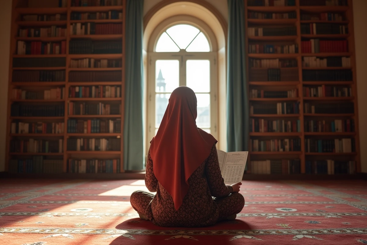 Jeune femme musulmane priant dans une salle chaleureuse