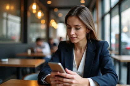 Femme professionnelle utilisant une application de rencontre de manière sécurisée sur smartphone dans un café moderne