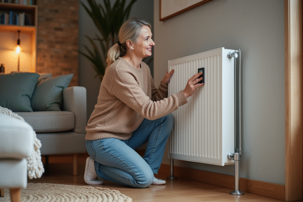 Femme d'âge moyen près d'un radiateur moderne dans un salon chaleureux