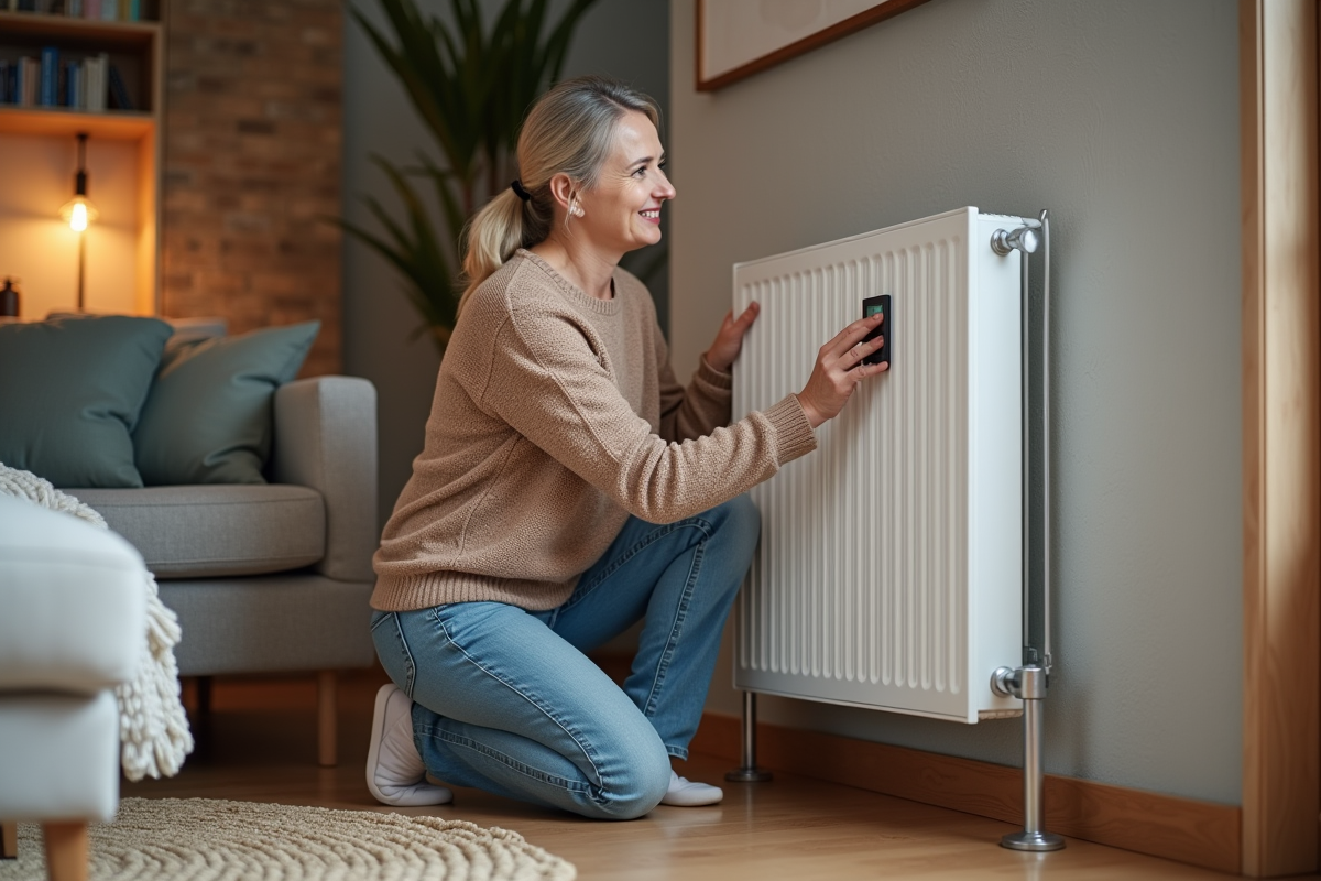 Femme d'âge moyen près d'un radiateur moderne dans un salon chaleureux