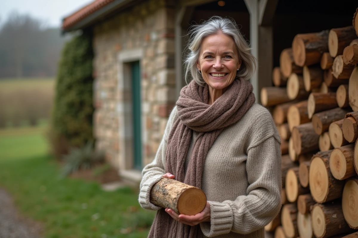 Femme souriante avec du bois devant une maison normande rurale