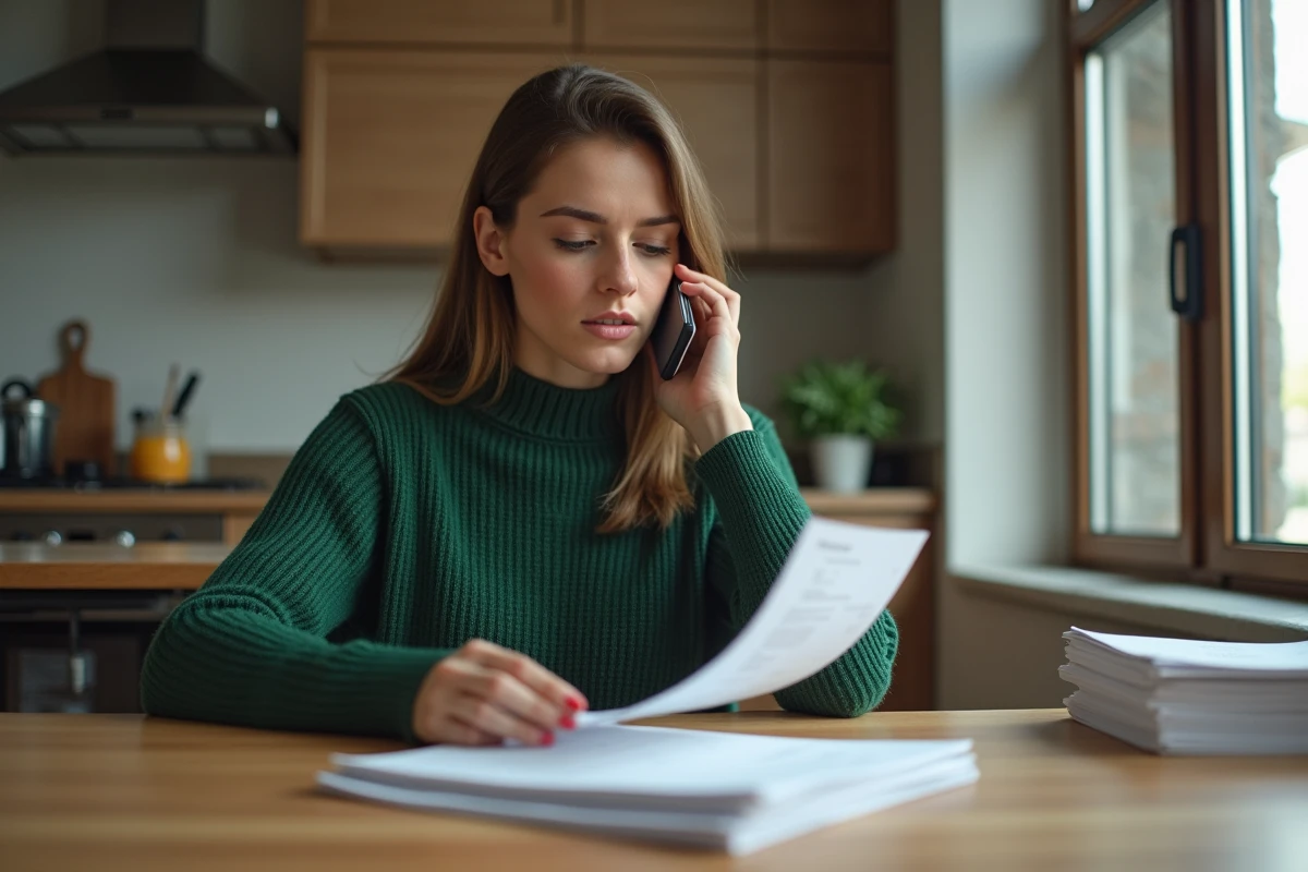 Femme au smartphone et reçu dans un appartement moderne