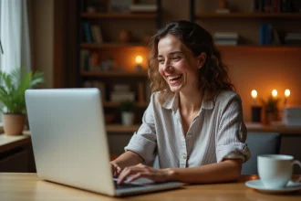 Femme souriante cherchant un gif anniversaire rigolo sur son ordinateur portable dans un bureau cosy