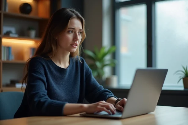 Femme consultant une nouvelle adresse de site web sur son ordinateur portable dans un bureau à domicile moderne