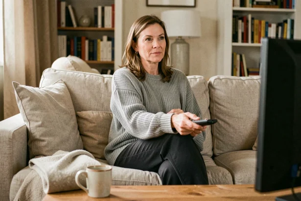 Femme regardant la télévision le soir sur son canapé avec une télécommande à la main