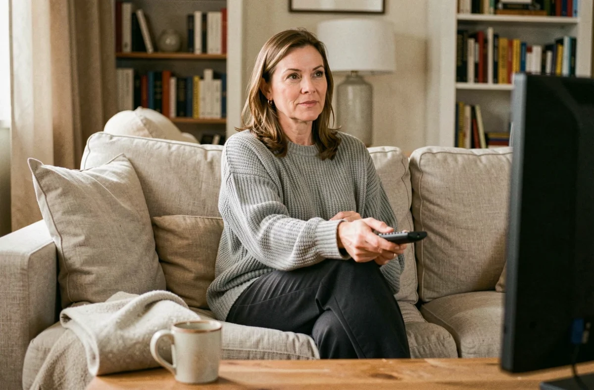Femme regardant la télévision le soir sur son canapé avec une télécommande à la main