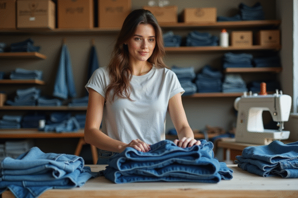 Femme repassant un jean en denim recyclé dans un atelier