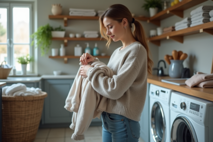 Jeune femme examinant un t-shirt dans sa buanderie