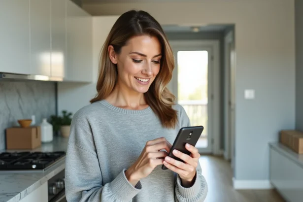 Femme consultant l'application La Poste sur smartphone pour reprogrammer une livraison depuis sa cuisine