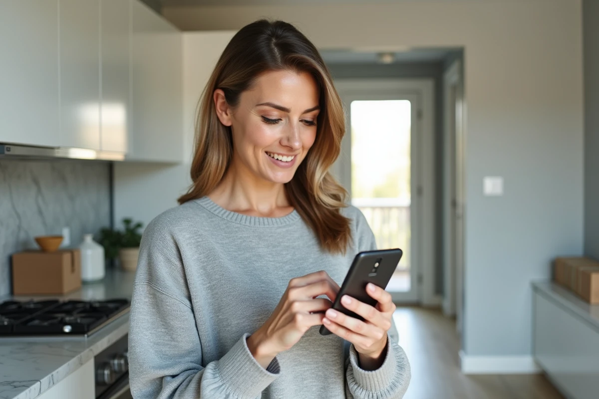Femme consultant l'application La Poste sur smartphone pour reprogrammer une livraison depuis sa cuisine