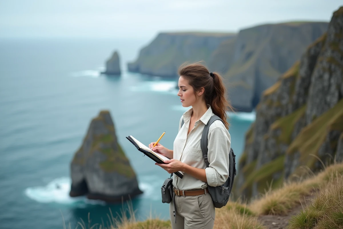 Jeune femme dessinant un paysage côtier depuis une falaise rocheuse, évoquant la diversité et la valeur des ressources naturelles marines et géologiques