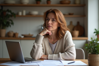 Femme d'environ 50 ans réfléchissant à ses documents de retraite à la maison