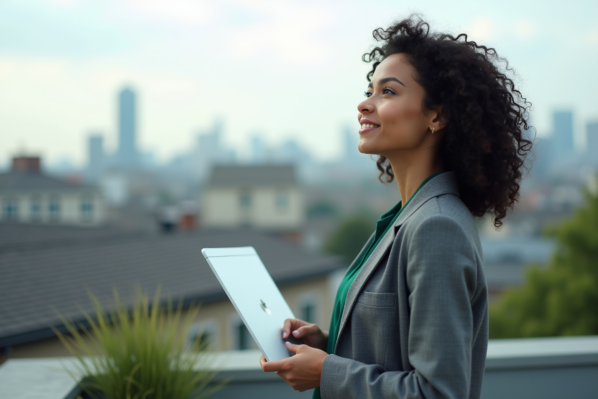 Jeune femme regardant la ville depuis un rooftop urbain