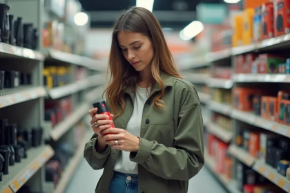 Jeune femme examinant un spray de défense en magasin