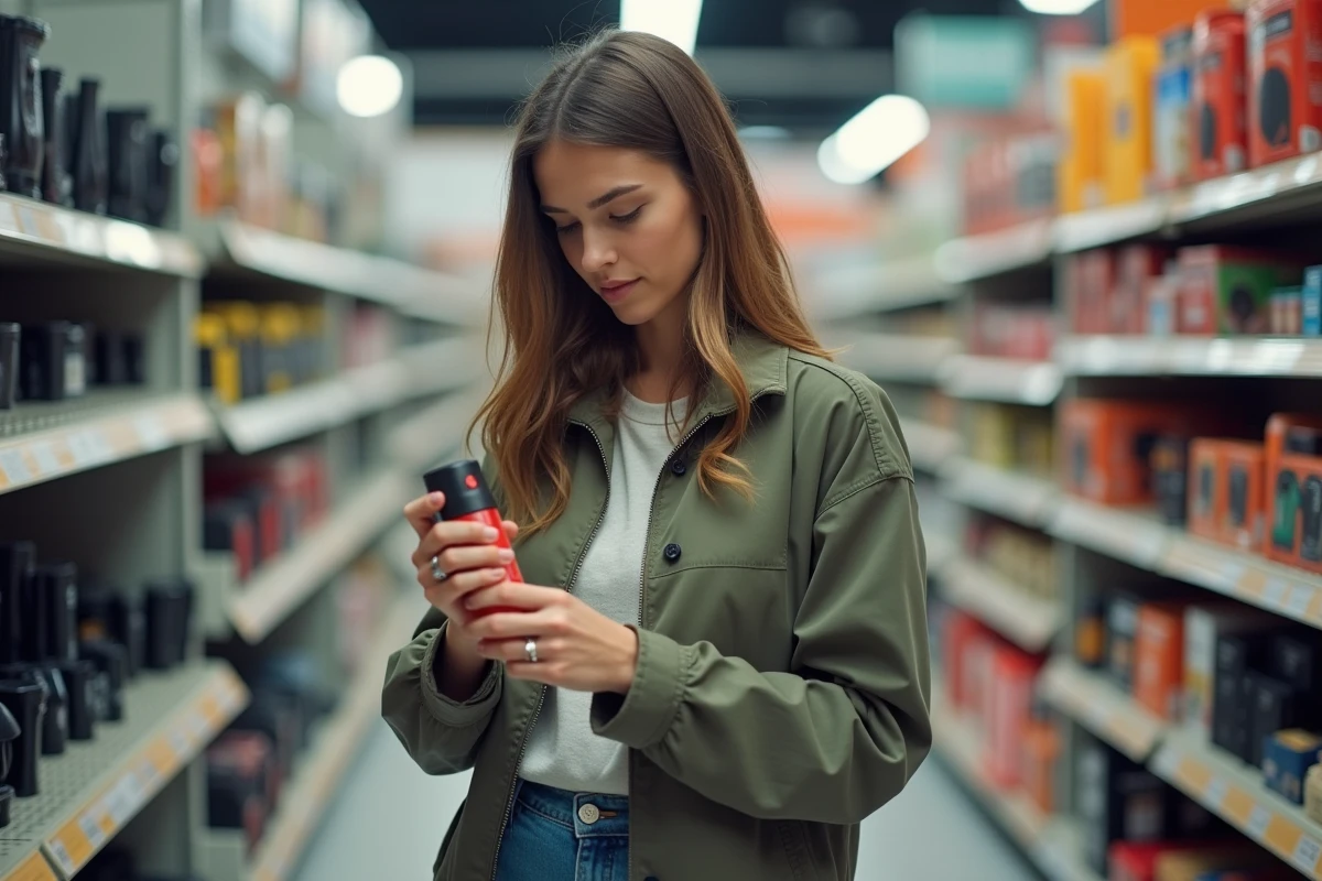 Jeune femme examinant un spray de défense en magasin