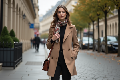 Femme élégante en manteau beige dans une rue parisienne
