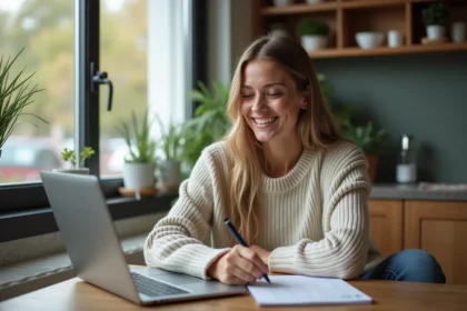 Femme souriante utilisant un ordinateur dans une cuisine chaleureuse