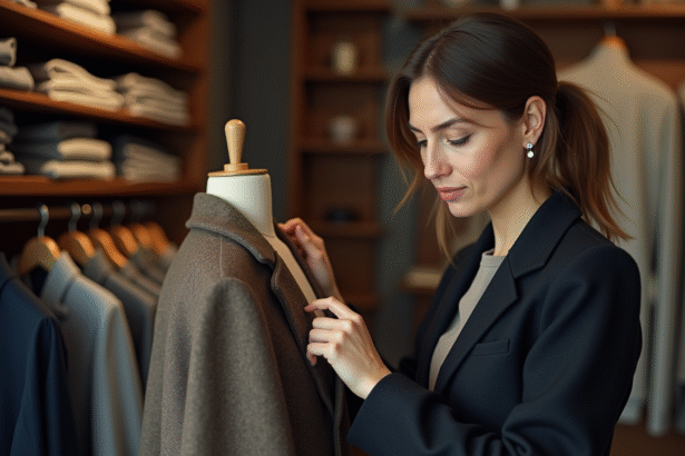 Femme en tailleur examinant la couture d'un manteau en laine
