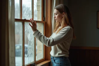 Femme regardant une vitre cassée dans son salon