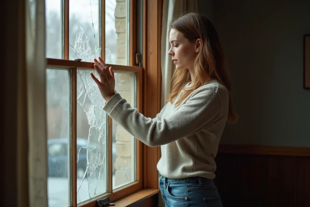 Femme regardant une vitre cassée dans son salon
