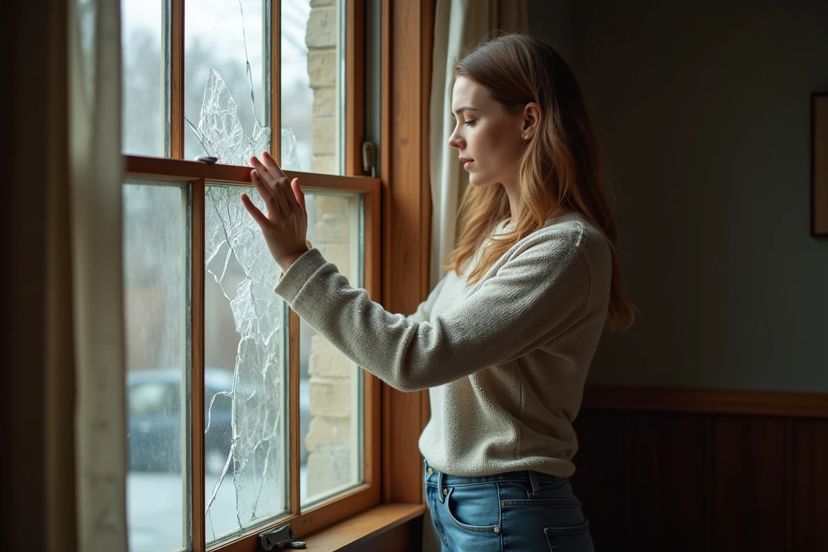 Femme regardant une vitre cassée dans son salon