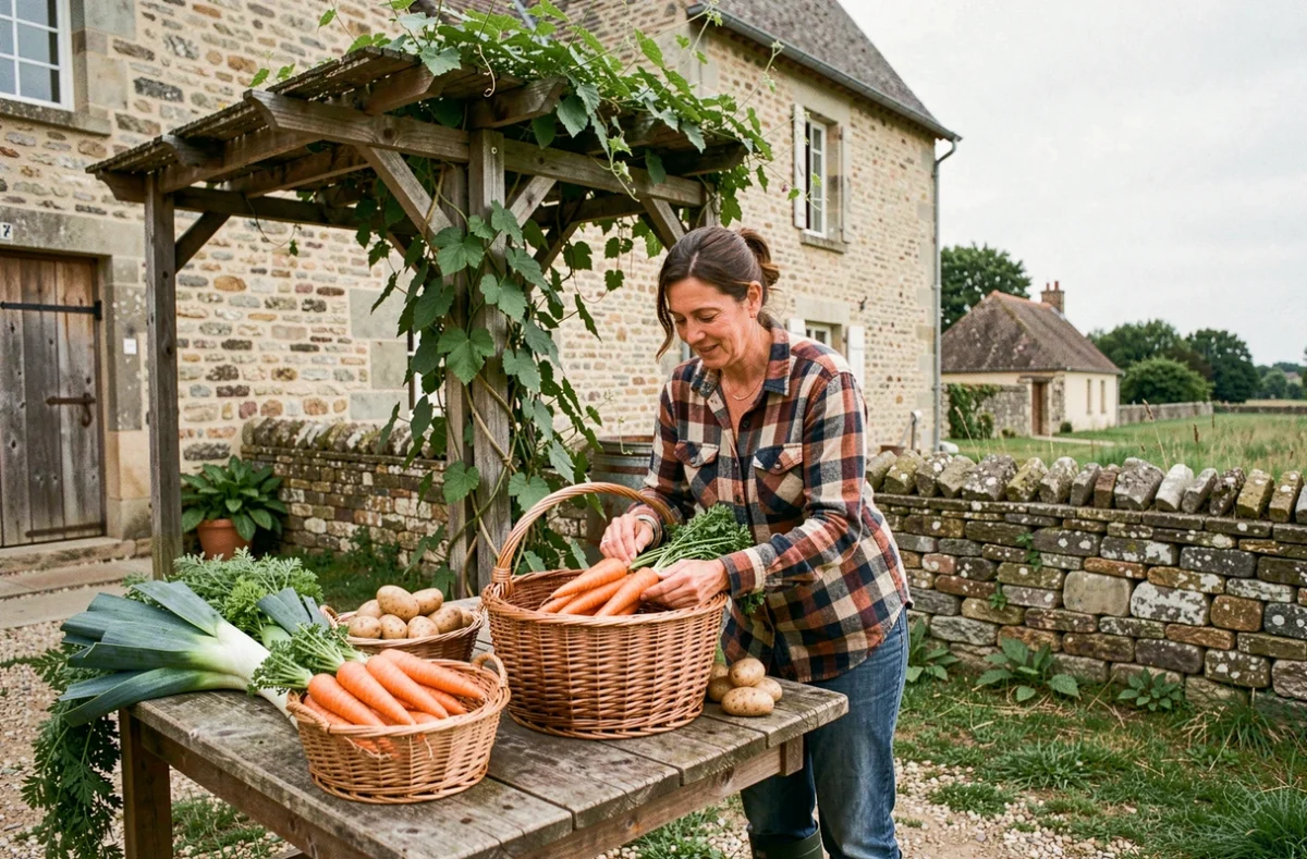Agricultrice arrangeant des carottes bio sur l'étal de La Ferme du Gué au Prieur à Claye-Souilly