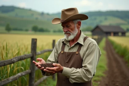 Agriculteur âgé examine la terre dans un champ de blé