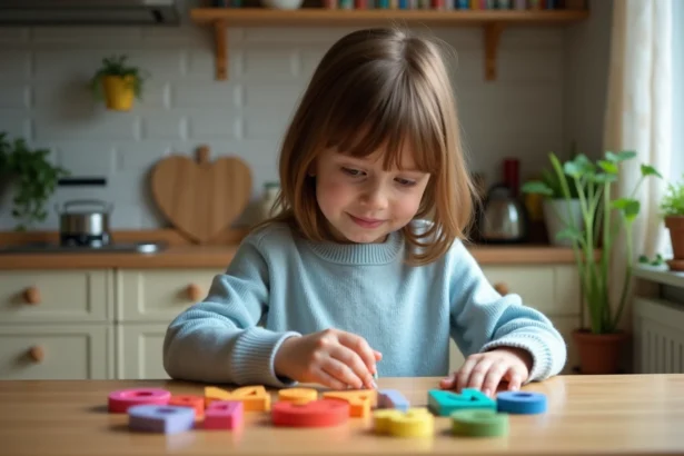 Jeune fille curieuse avec lettres colorées à la maison