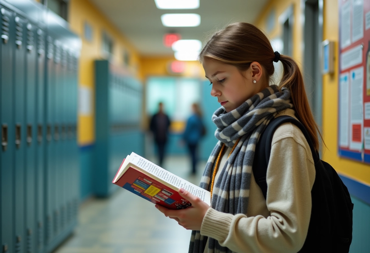 Fille studieuse lisant un livre de français dans le couloir scolaire
