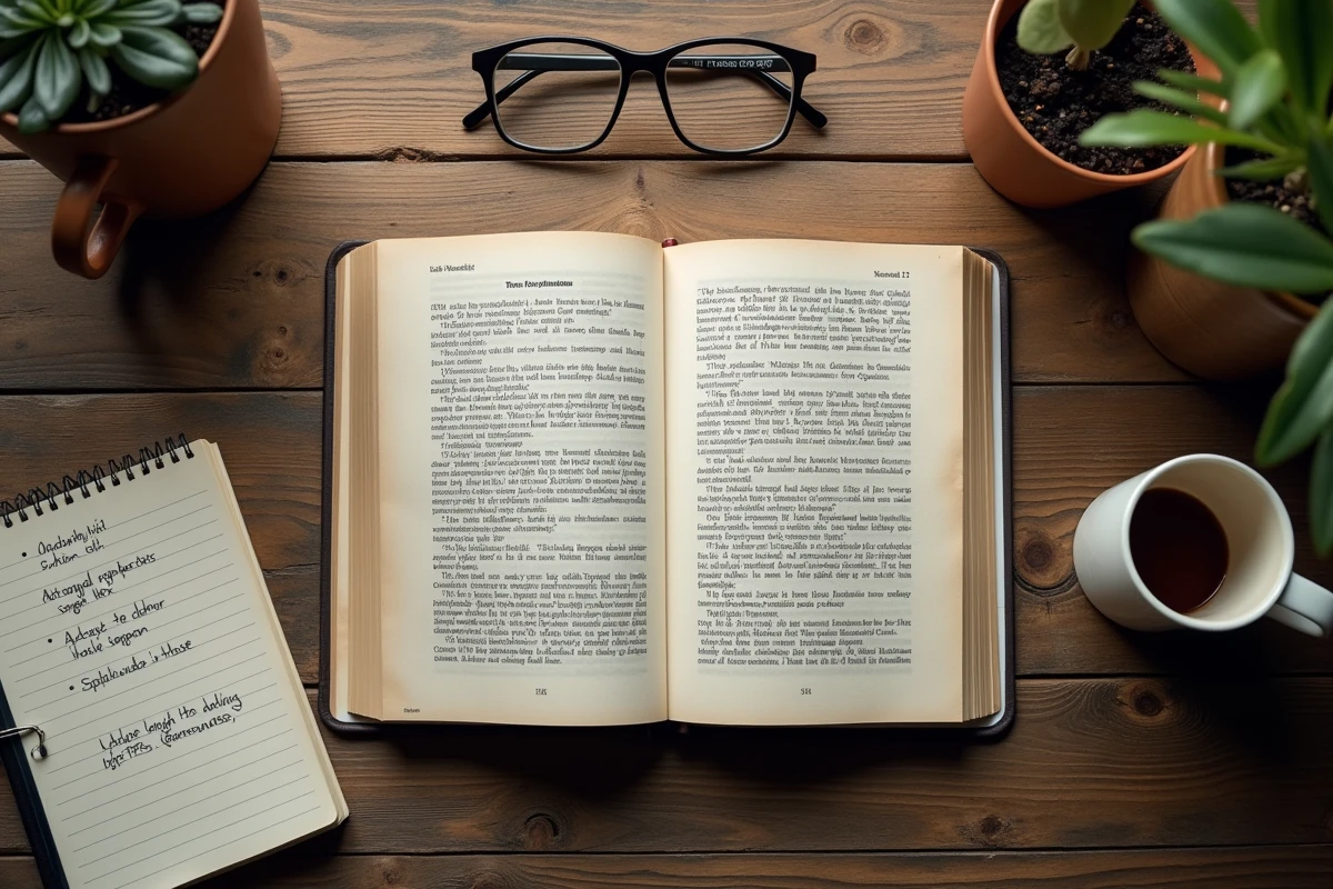 Flat-lay de première et quatrième de couverture d'un livre autoédité avec notes de préparation éditoriale sur table en chêne