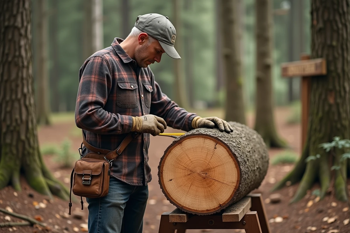 Forestier examinant les anneaux de croissance d'un tronc d'arbre dans une forêt gérée durablement, symbole de l'exploitation responsable des ressources naturelles