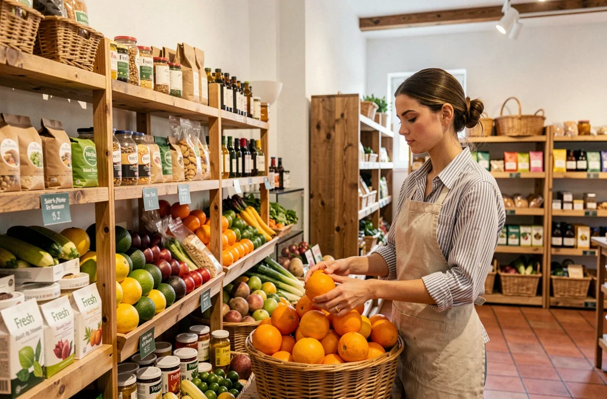 Vendeuse du magasin Fresh à Saint-Pierre-lès-Nemours disposant des agrumes bio sur un présentoir en osier