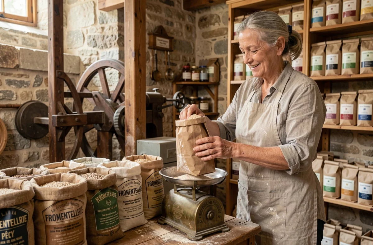 Meunière de La Fromentellerie à Pécy pesant de la farine bio sur une balance en laiton dans un moulin en pierre