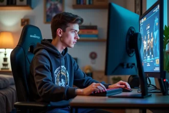 Jeune homme gamer concentré devant son ordinateur dans une chambre cosy