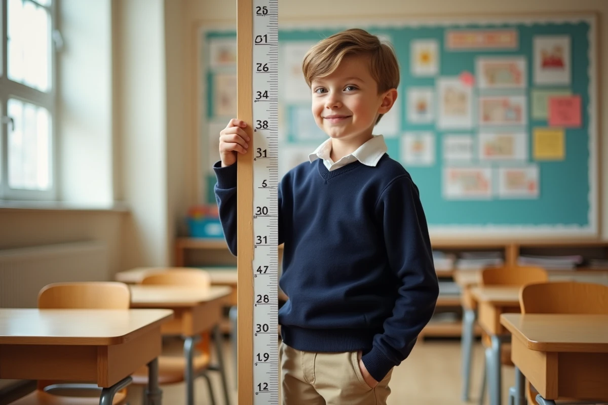 Garçon français de 12 ans mesuré dans une classe lumineuse