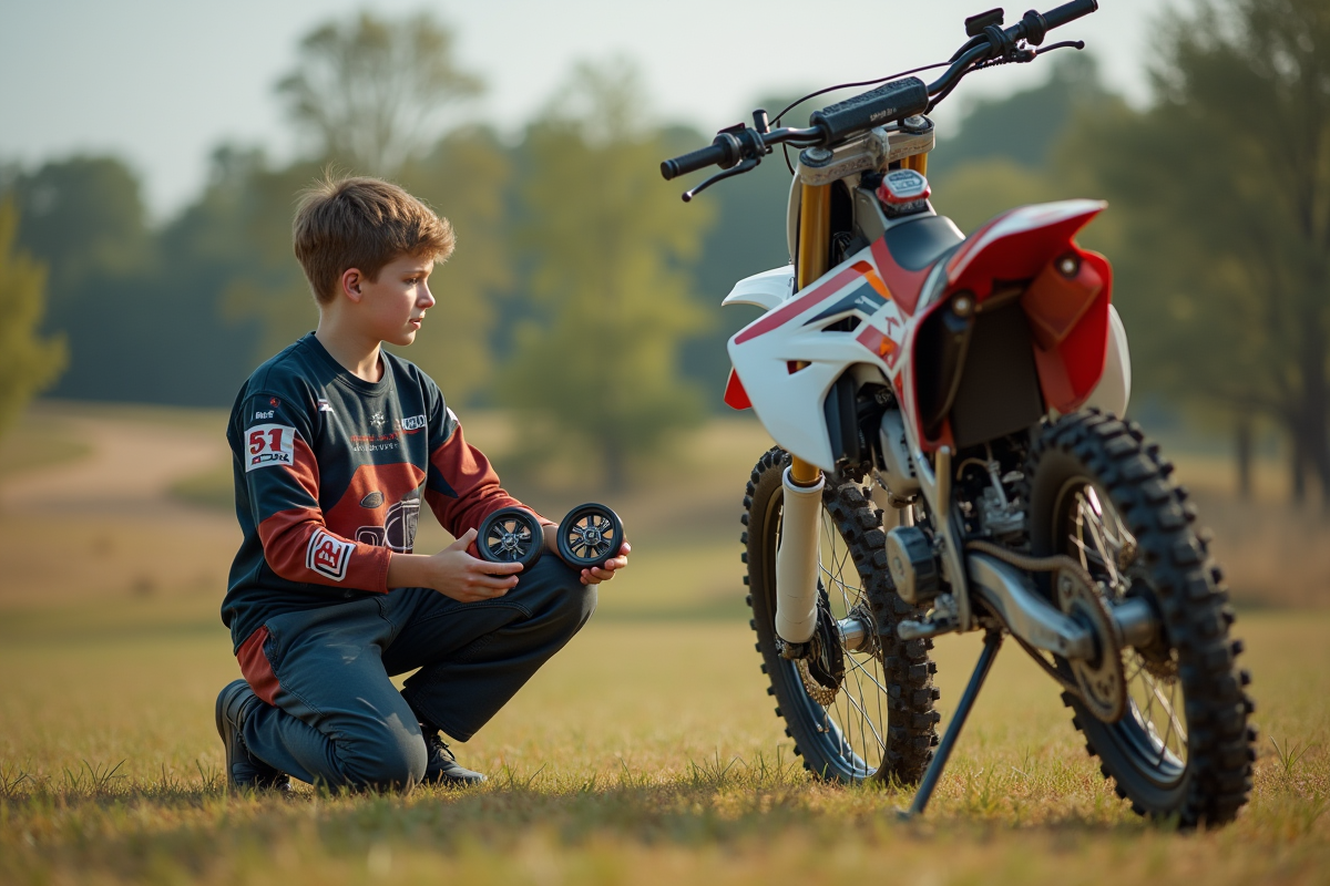 Adolescent en motocross compare deux roues côte à côte