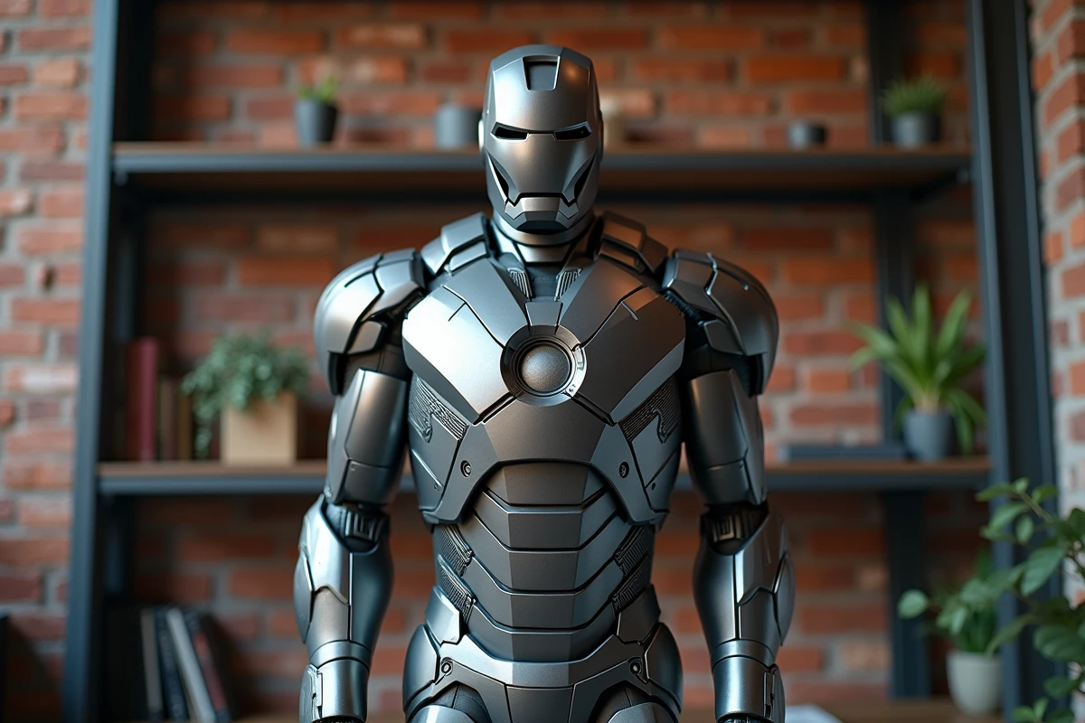 Grande statue Iron Man en métal brossé sur un piédestal en béton dans un appartement moderne au style industriel